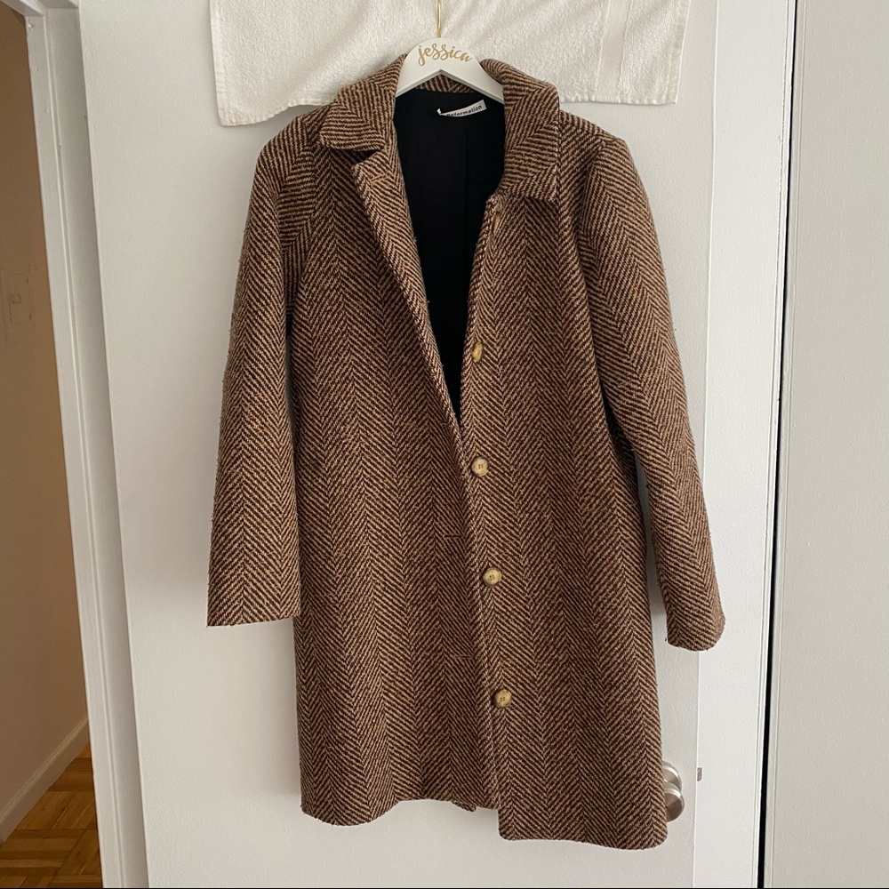Reformation coat - oversized brown herringbone pattern fabric.